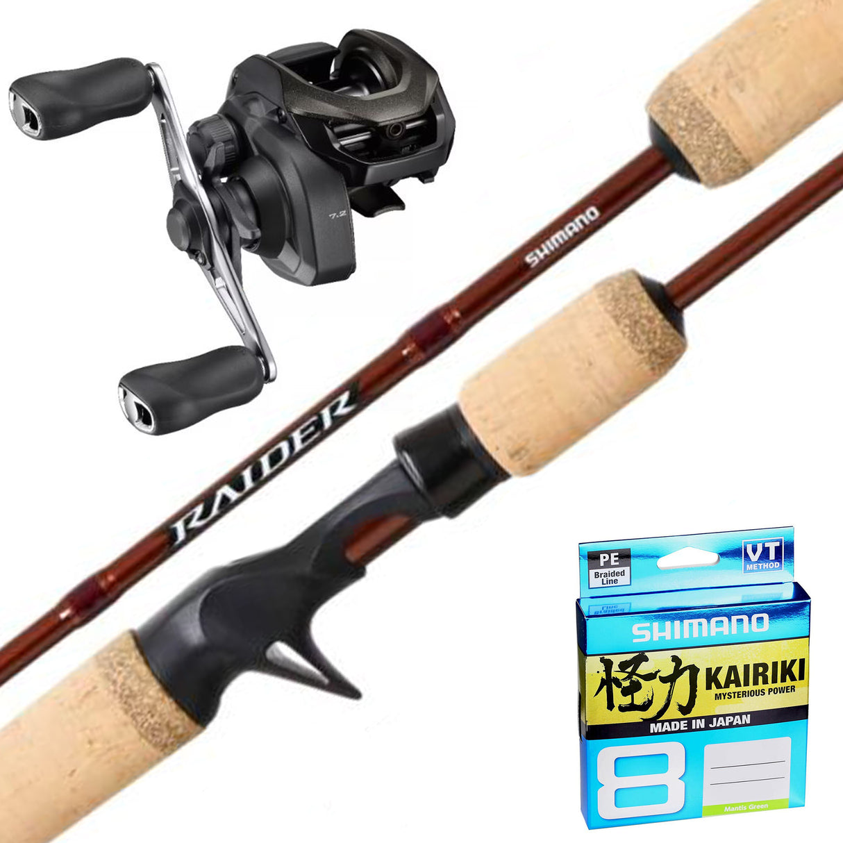 Shimano 24 Caius 150HG/Shimano Raider 6'3" 1pc 3-6kg/Shimano Kairiki 20lb 150m - Green