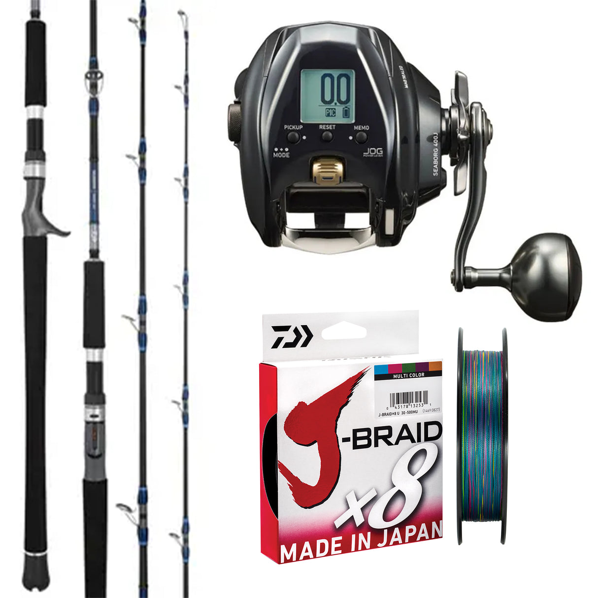 Daiwa Seaborg 400J/ Daiwa 25 Seaborg DG Rod 6'3" PE 3-4/ Daiwa J-Braid 30lb 500m - Multicolour
