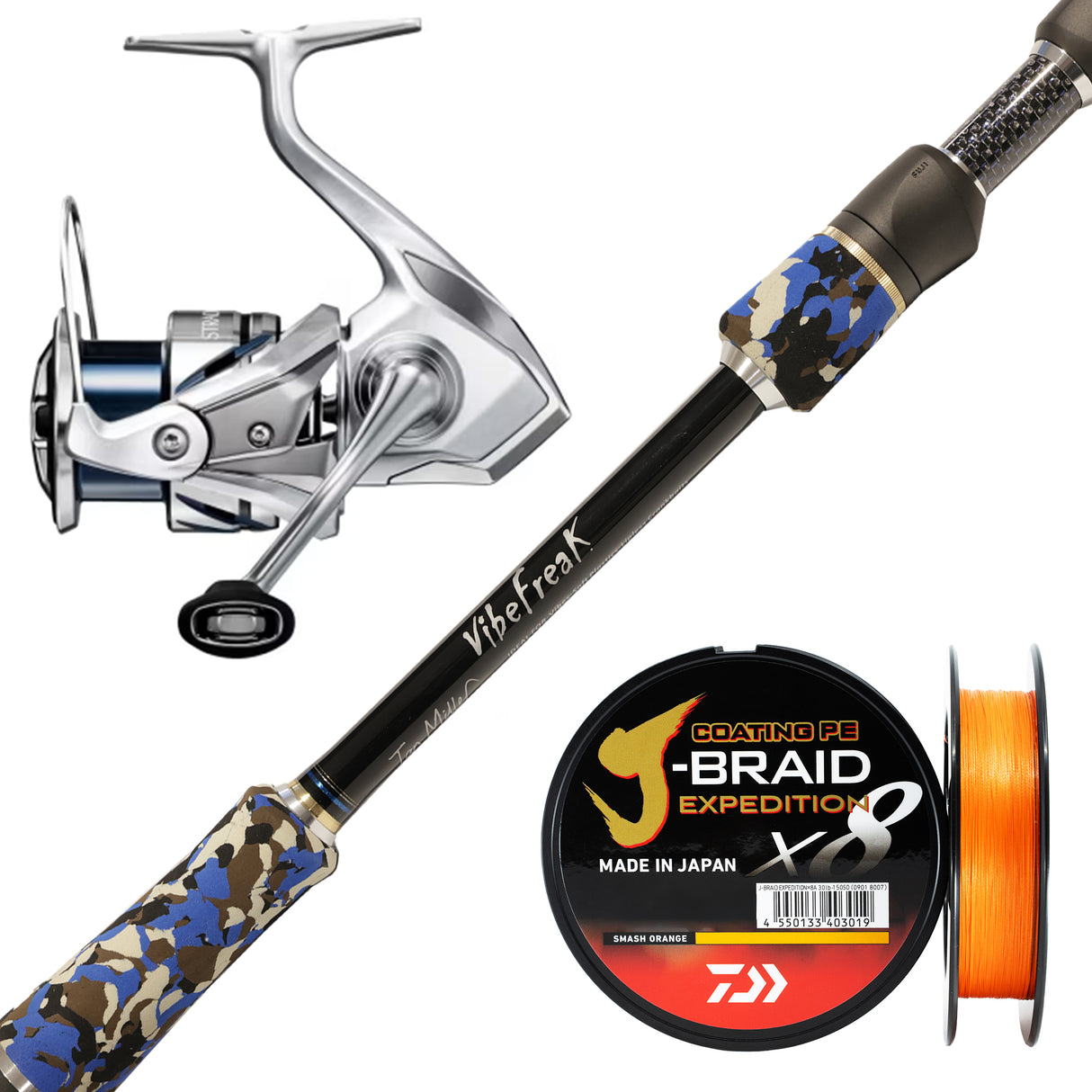 Shimano Stradic FM Spin 3000HG/Millerods Vibefreak 7'3" 2pc 3-6kg/Daiwa J-Braid Expedition 0.8 10lb 150m - Orange