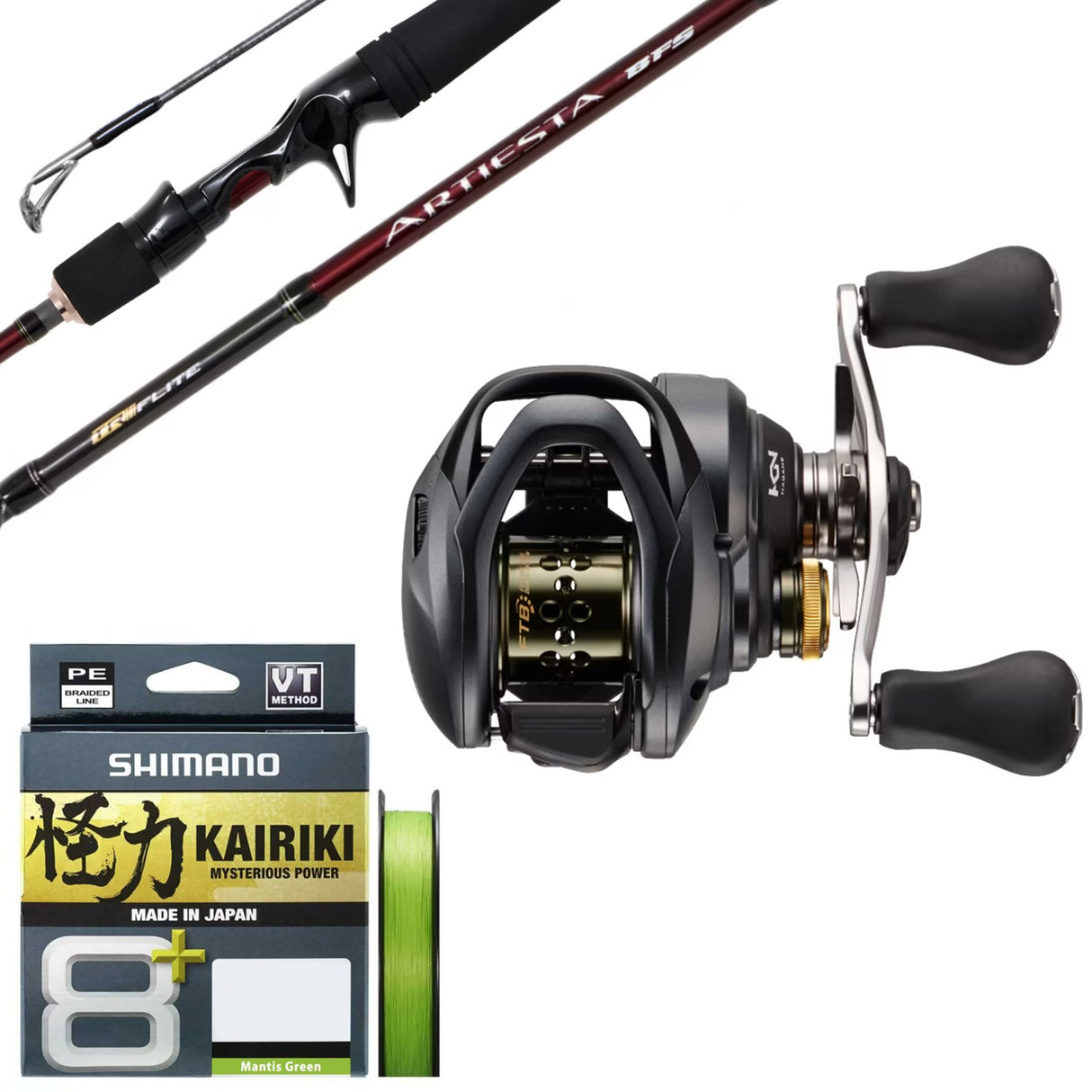 Shimano Curado BFS XG/Shimano Artiesta BFS Spiral Wrap 7'3" 2pc 1-4kg/ Shimano Kairiki 8+ 6lb 150m - Green