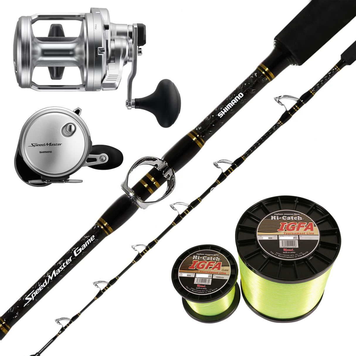 Shimano Speedmaster 2 Speed Lever Drag 20/Shimano Speedmaster 15kg Game Rod/ Momoi 15kg Mono IGFA Yellow-Bulk Spooling