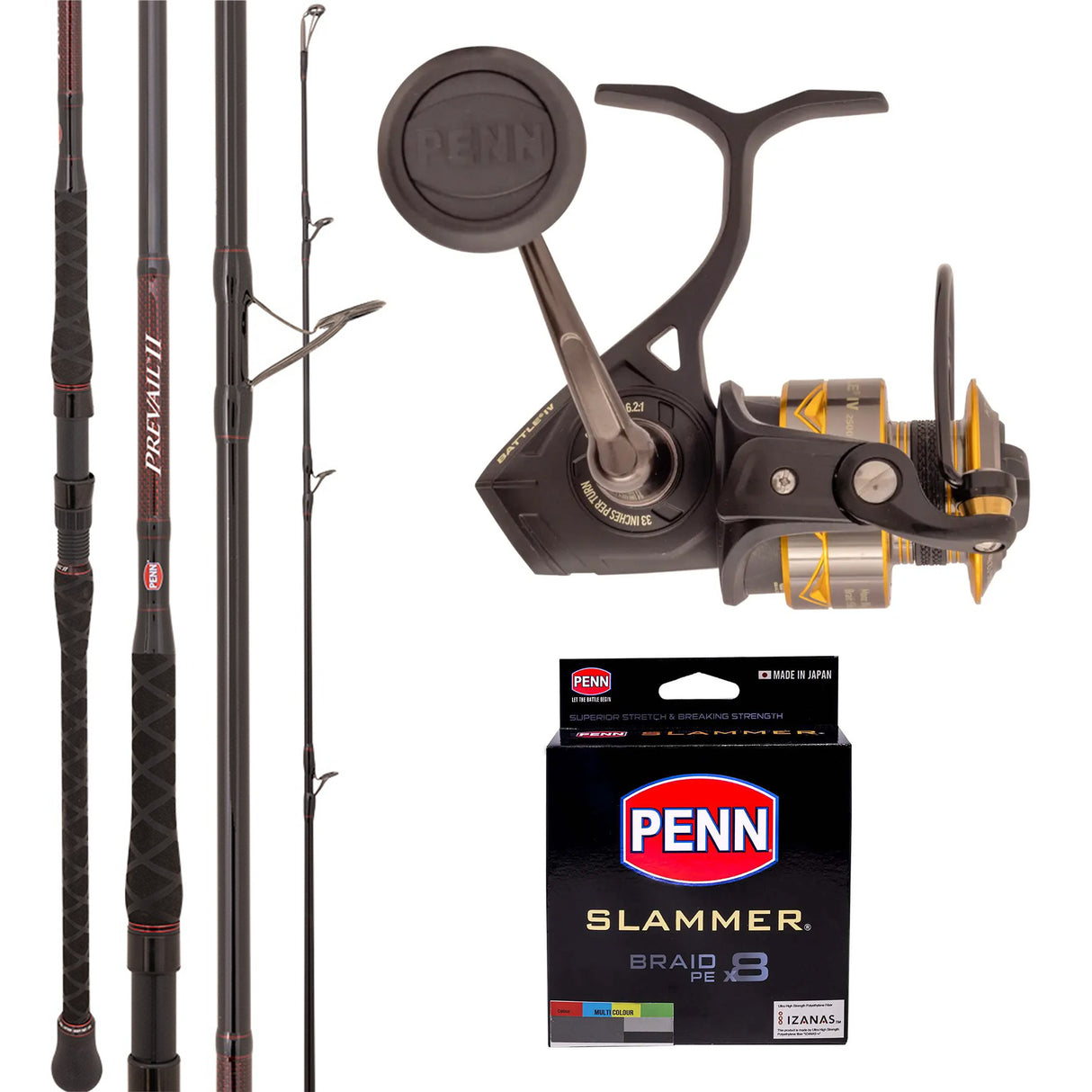 Penn Battle IV 6000HS/Penn Prevail II Rod 10' 2pc 8-15kg/Penn Slammer 40lb 400m - Multicolour
