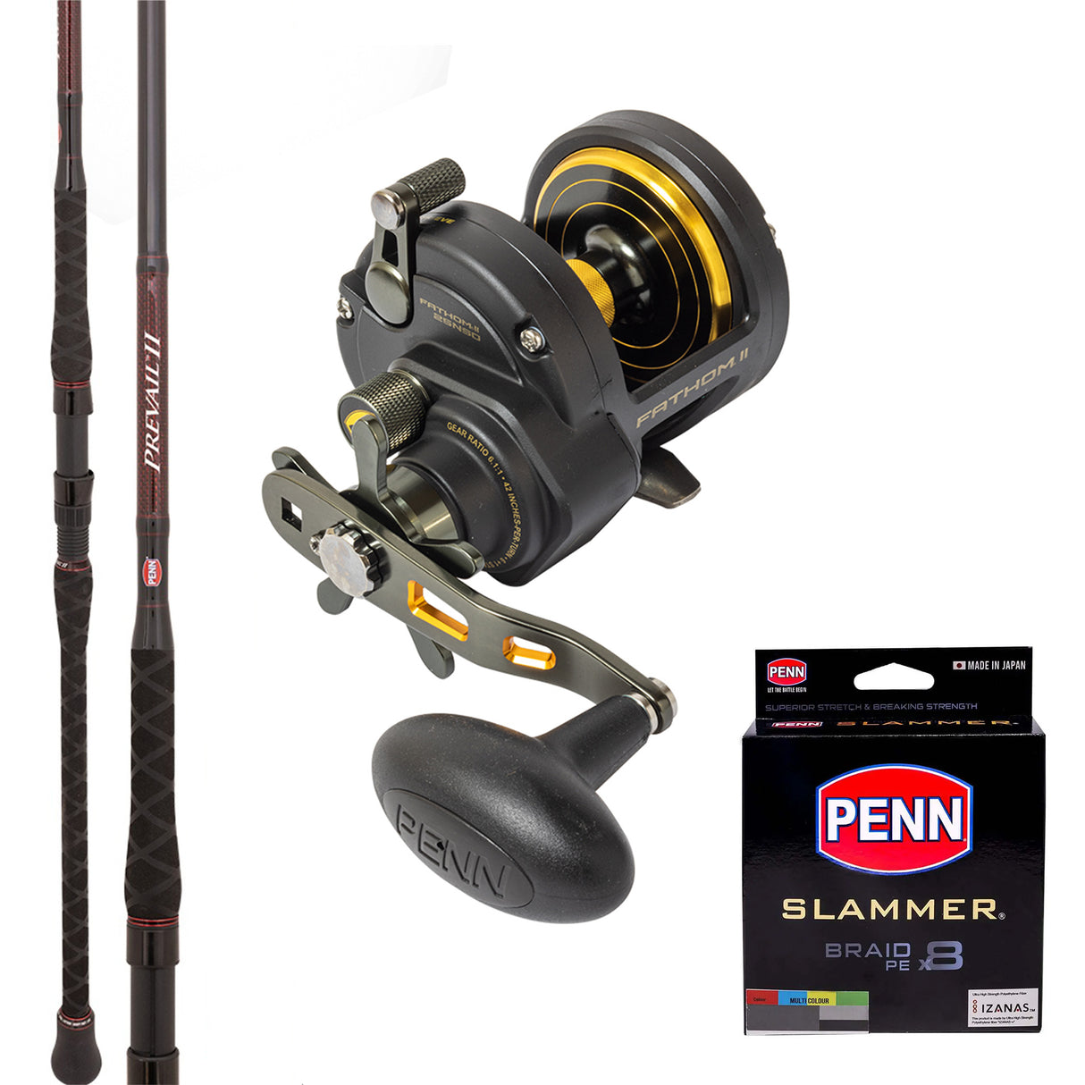 Penn Fathom II Star Drag 25N/Penn Prevail II 10' 2pc Overhead 10-24kg/Penn Slammer Braid 50lb 400m 50lb - Multicolour