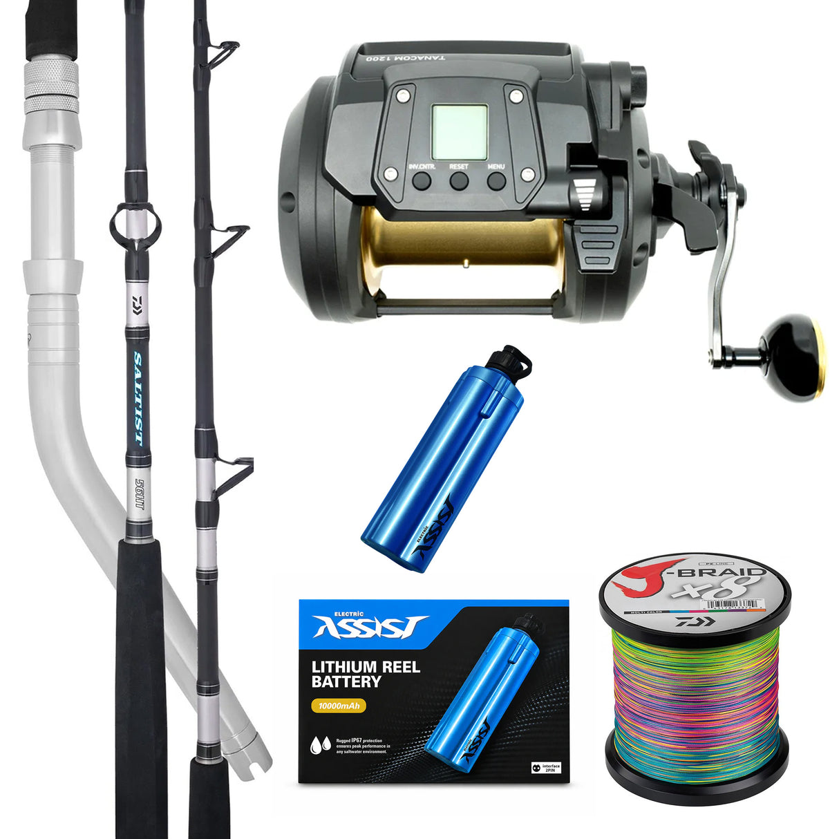 Daiwa Tanacom 1200/Daiwa Saltist Dendoh Rod 6'4"HT 80-200lb (Swivel Tip)/ Wilson Reel Battery Kit Complete 10Ah/ Daiwa J-Braid 80lb Bulk Spooling - Multicolour