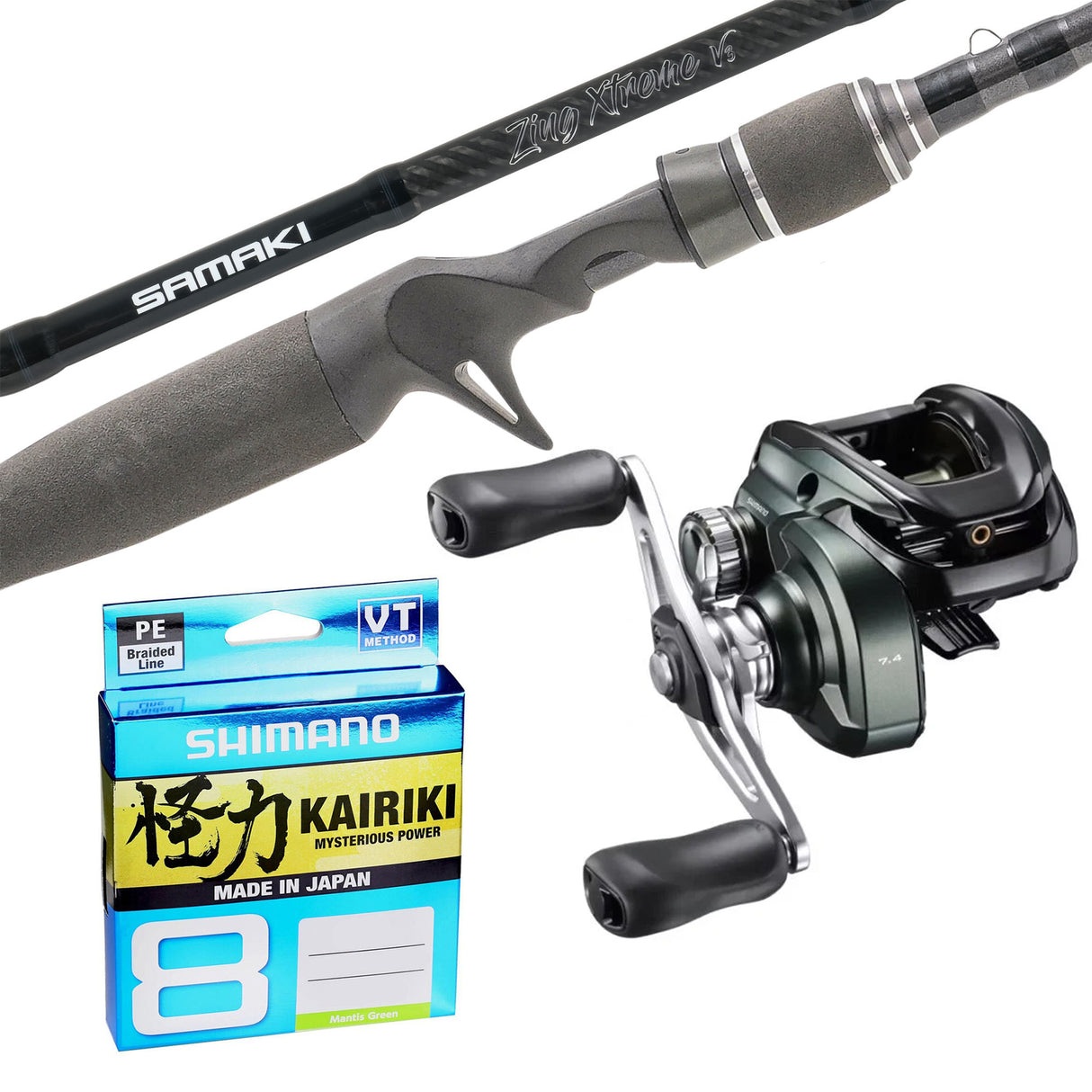 Samaki Zing Xtreme V3 7'1" 10-17lb/ Shimano 23 Curado 200M/ Shimano Kairiki 30lb 150m - Green