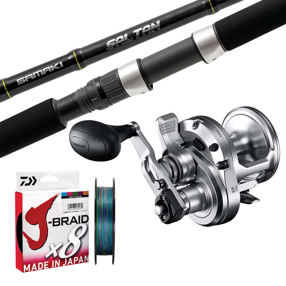 Shimano Speedmaster 2 speed 10/Samaki Saltan 6'6" 1pc 20-40lb/ Daiwa J-Braid 30lb 300m - Multicolour