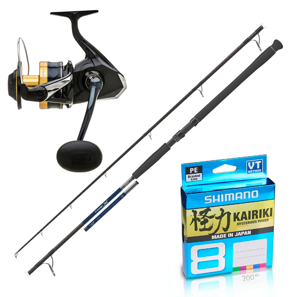 Shimano Type-X 12" 2pc 10-20kg/ Shimano Spheros 10000PGA/ Shimano Kairiki 40lb 300m - Multi-Colour