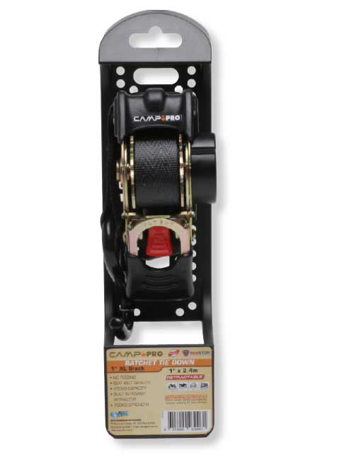 Camp Pro Retractable Ratchet Tie Down Strap 2m - Black