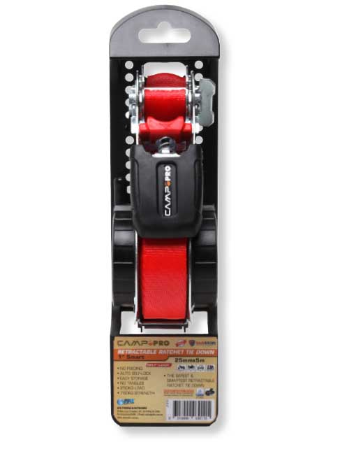 Camp Pro Retractable Ratchet Tie Down Strap 5m - Red