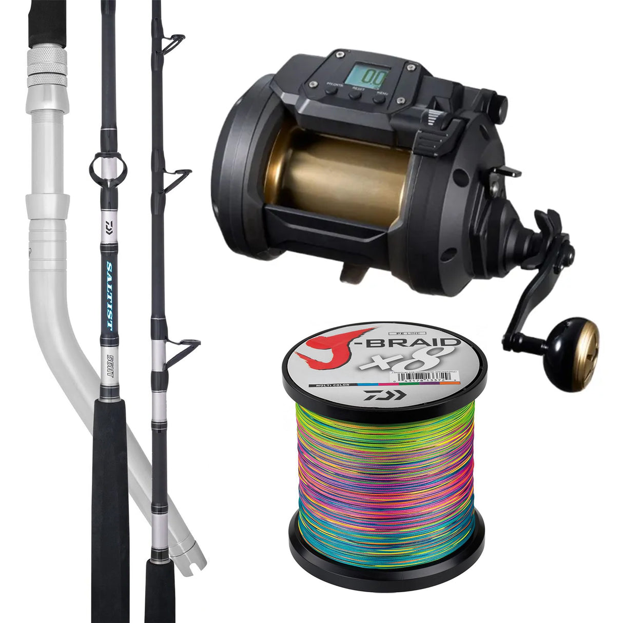 Daiwa Tanacom 800/ Daiwa Saltist Dendoh Rod 6'4"HT 80-200lb (Swivel Tip)/ Daiwa J-Braid 65lb Bulk Spooling - Multicolour