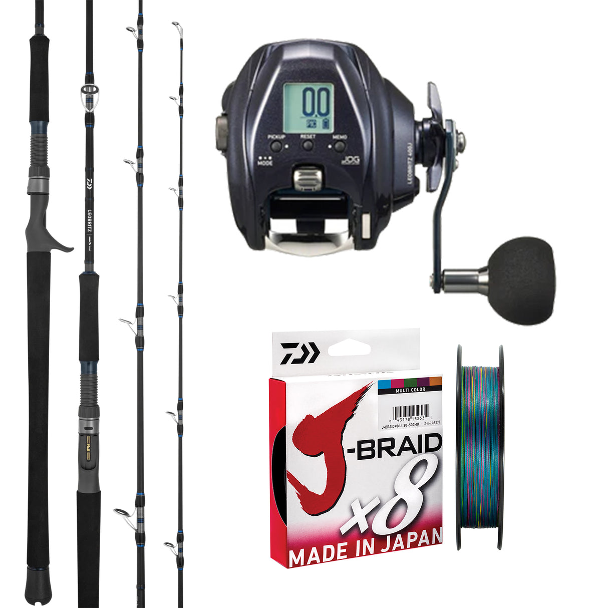 Daiwa Leobritz 400J/ Daiwa 25 Leobritz DG Rod B6'3" pe4/5/ Daiwa J-Braid 8 40lb Multicolour - 500m