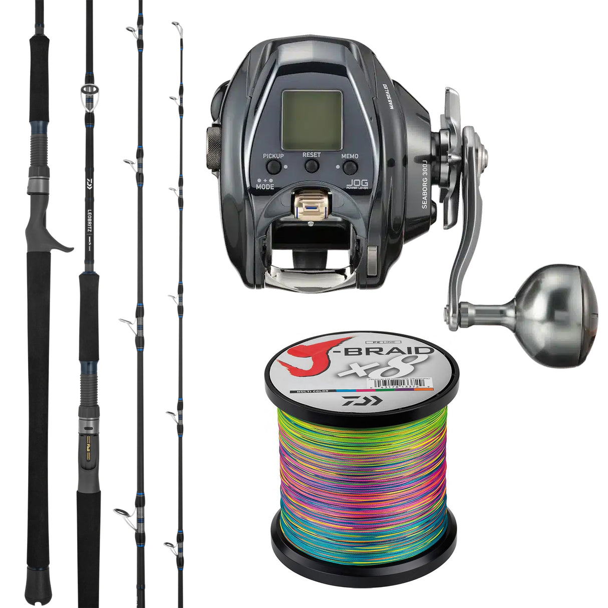 Daiwa Seaborg 300J/ Daiwa 25 Leobritz DG Rod B6'3" pe3/4/ Daiwa J-Braid 30lb Bulk Spooling - Multicolour