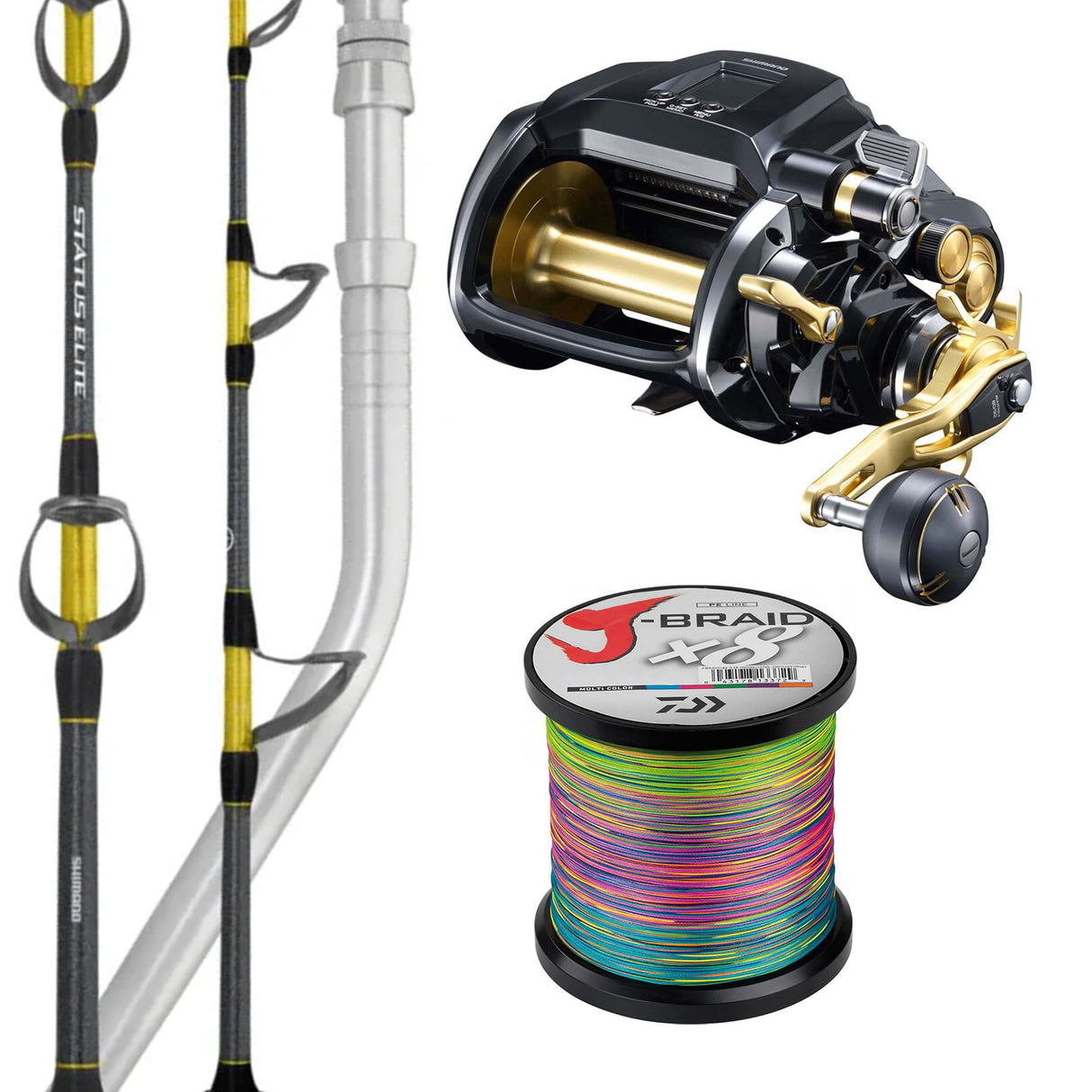Shimano 24 Beastmaster MD 12000/ Shimano Status Elite Deep Drop Rod 6'8" PE 5-8/ Daiwa J-Braid 80lb Bulk Spooling - Multicolour