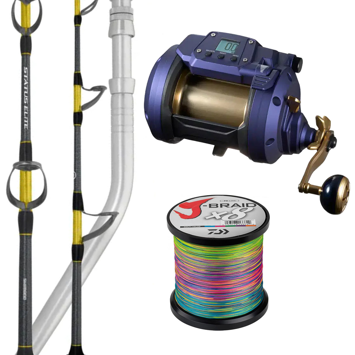 Daiwa Seapower 1200/ Shimano Status Elite Deep Drop Rod 6'8" PE 5-8/ Daiwa J-Braid 80lb Bulk Spooling - Multicolour