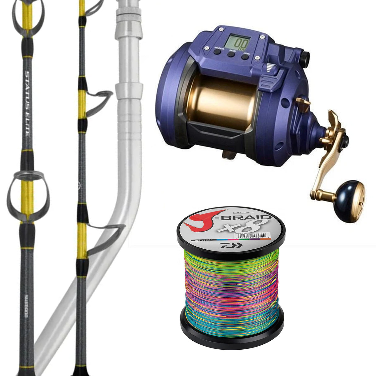 Daiwa Seapower 800/ Shimano Status Elite Deep Drop Rod 6'10" PE 3-6/ Daiwa J-Braid 65lb Bulk Spooling - Multicolour