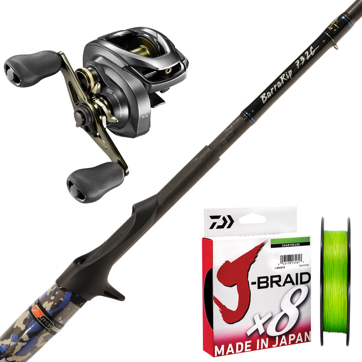 Millerods Barra-Rip 7'3" 2pc/ Shimano Curado DC 200HG/ Daiwa J-Braid 30lb 150m - Chartreuse
