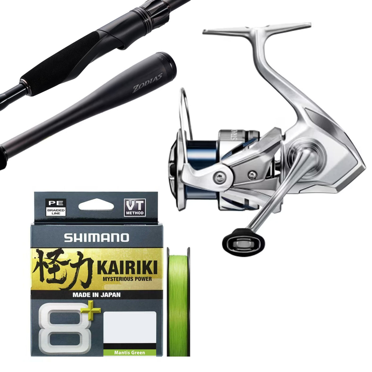 Stradic FM 4000XG/26 Shimano Zodias 7'6" PE 2 Lure weight 7-28g/Shimano Kairiki 8+ pe2 20lb 300m - Mantis Green