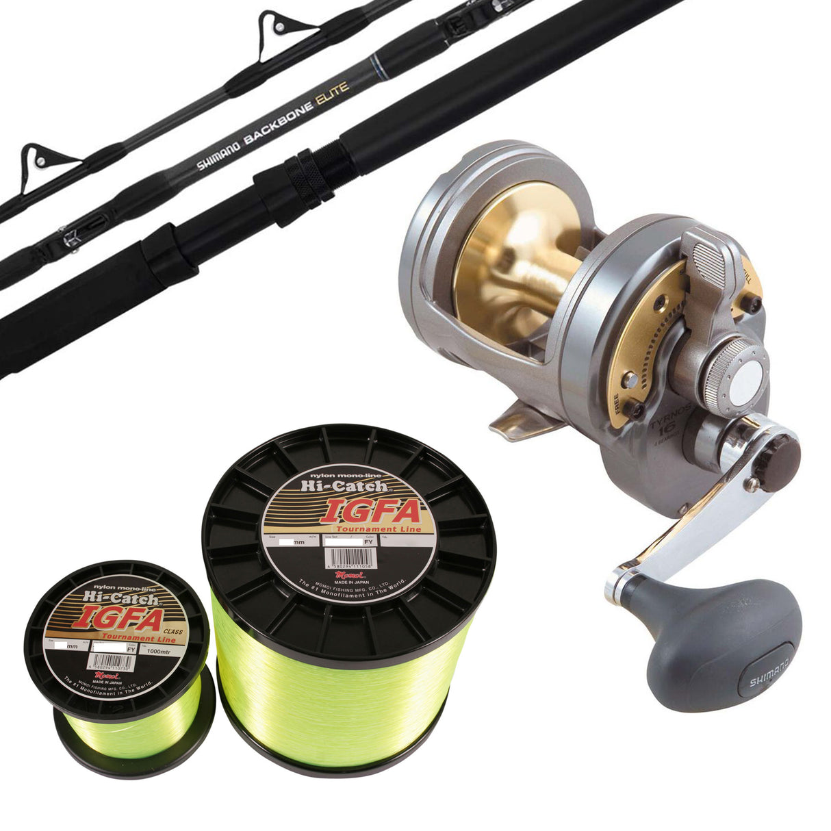 Shimano Tyrnos-16/Shimano 23 Backbone Elite 10kg Runner Tip/Momoi Hi-Catch Nylon IGFA 10kg 1000m - Fluoro Yellow