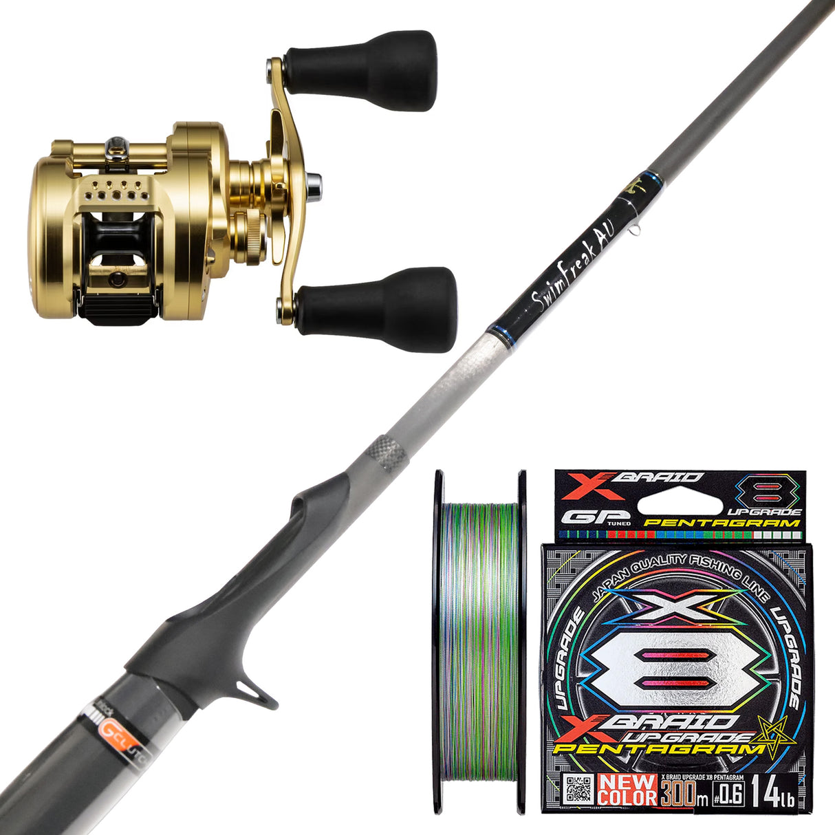 Shimano Calcutta Conquest MD 300XGLH/Millerods SwimFreak AU 7'8" 2pc(Butt Join) 6-12kg/ X-Braid Upgrade 50lb 300m - Pentagram Multi