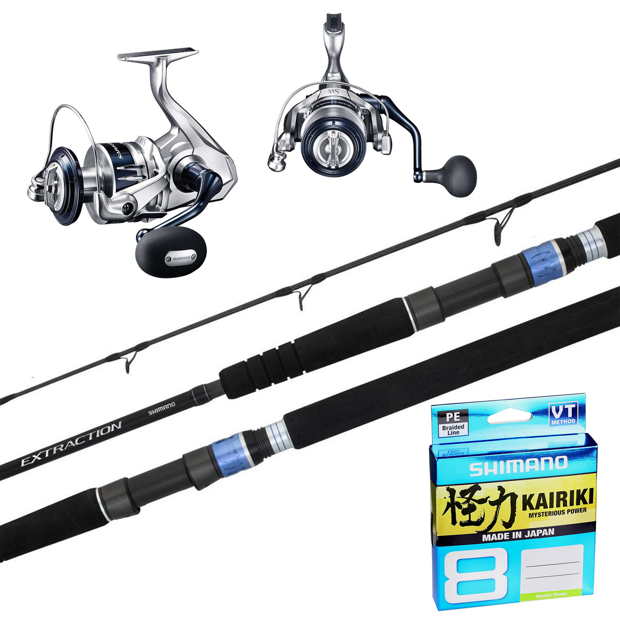 Shimano Saragosa 8000 HG/Shimano Extraction 6'6" 2pc 30-50lb/ Shimano Kairiki 40lb 300m - Green