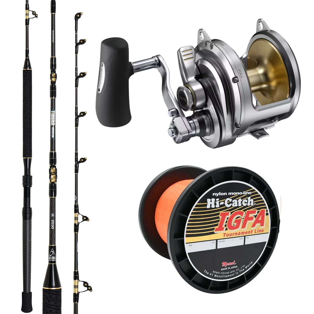 Shimano Talica 2 Speed 40A/Shimano 25 Tiagra Ultra Single Butt 30-50/ Moimoi IGFA Mono 24kg Orange-Bulk Spooling (Sold in Increments of 100 Metres)