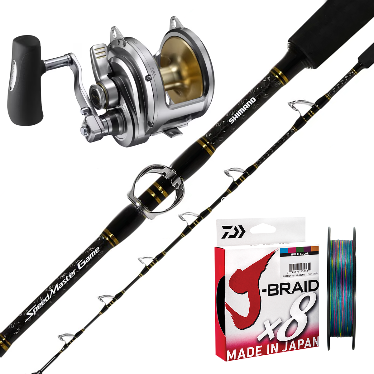 Shimano Talica 2 Speed 25A/Shimano Speedmaster 24kg/ Daiwa J-Braid 50lb 500m - Multicolour