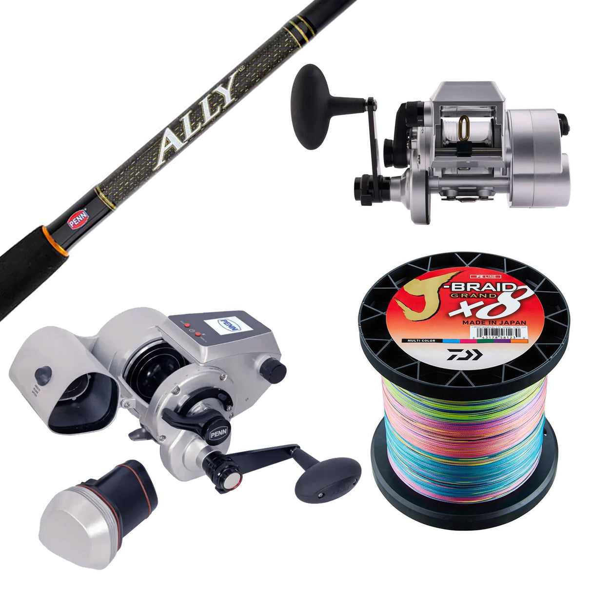 Penn Fathom 30 Electric Fishing Reel Kit/ Penn Ally 5'7" 24kg/ Daiwa J-Braid 65lb Bulk line spooling Multi Colour