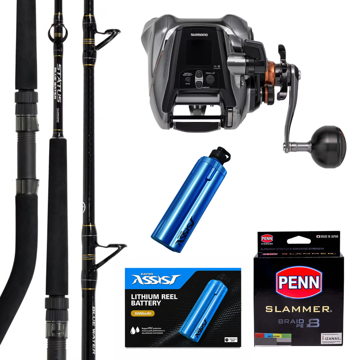 Shimano Beastmaster 3000II/ Wilson Reel Battery Kit Complete 5Ah/ Shimano Status Bluewater 30-50lb/ Penn Slammer 50lb 400m - Multicolour