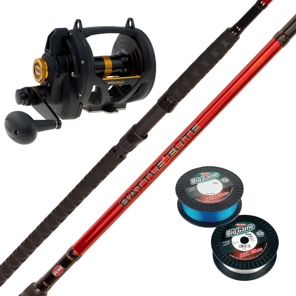 Penn Battle Elite 6' 1pc 10-15kg/ Penn Squall Lever Drag 2 Speed 30VSW/ Berkley Big Game 15kg 600m - Electric Blue