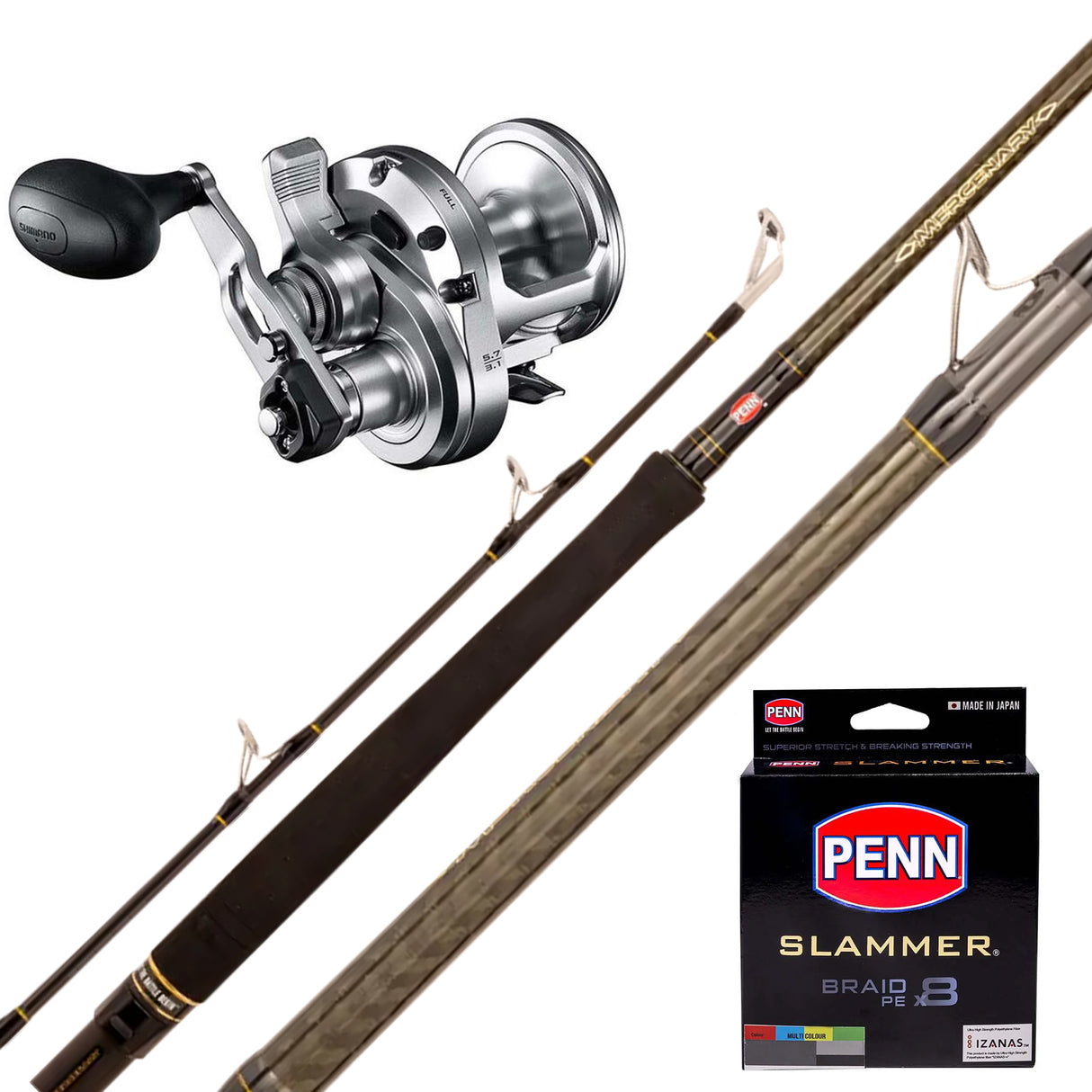 Shimano Speedmaster 2 Speed Lever Drag 16/Penn Mercenary 8' 2pc 7-15kg/ Penn Slammer Braid 40lb 400m - Multicolour