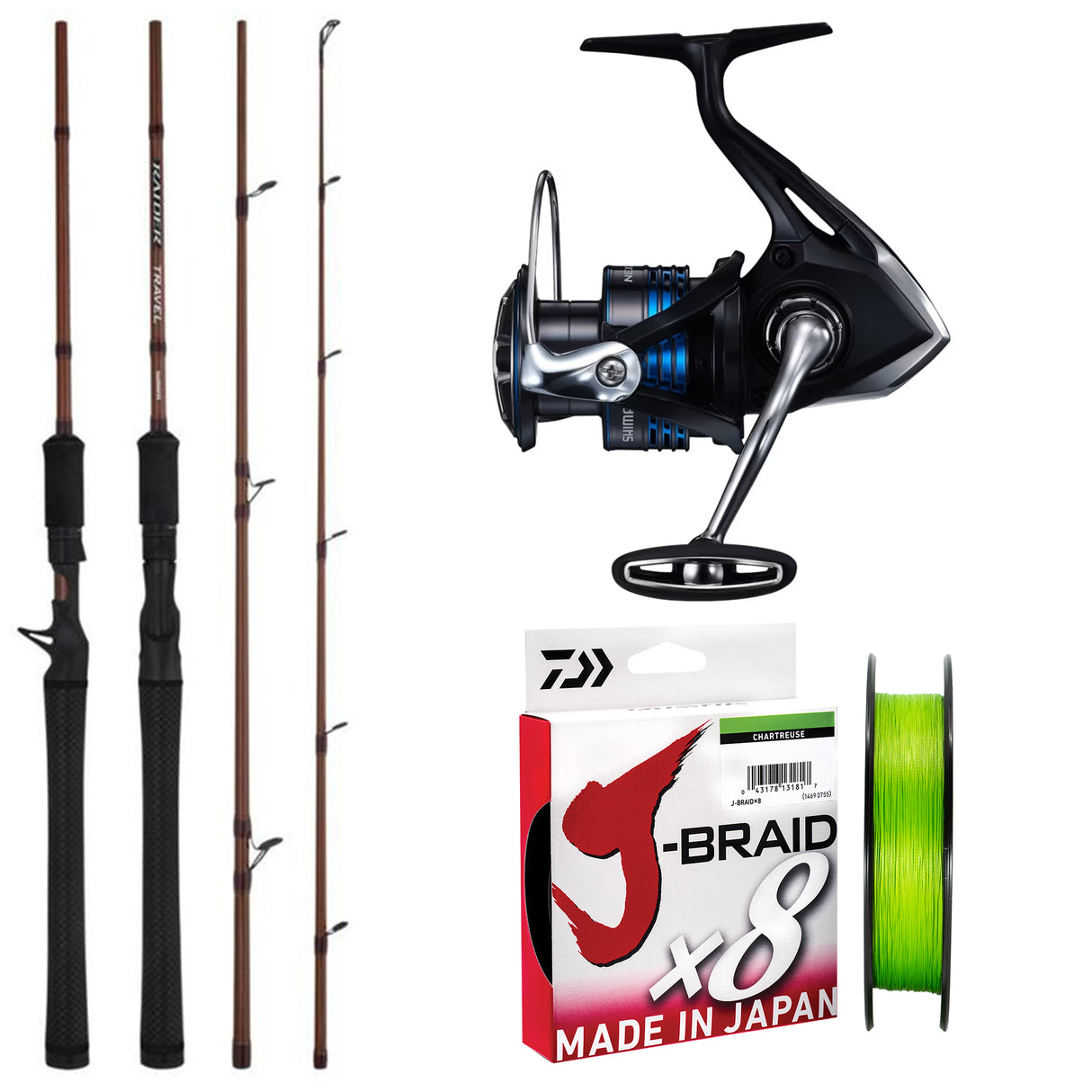 Shimano Raider Travel 6'2" 3pc 5-8kg/ Shimano Nexave 4000 HG/ Daiwa J-Braid 30lb 150m - Chartreuse