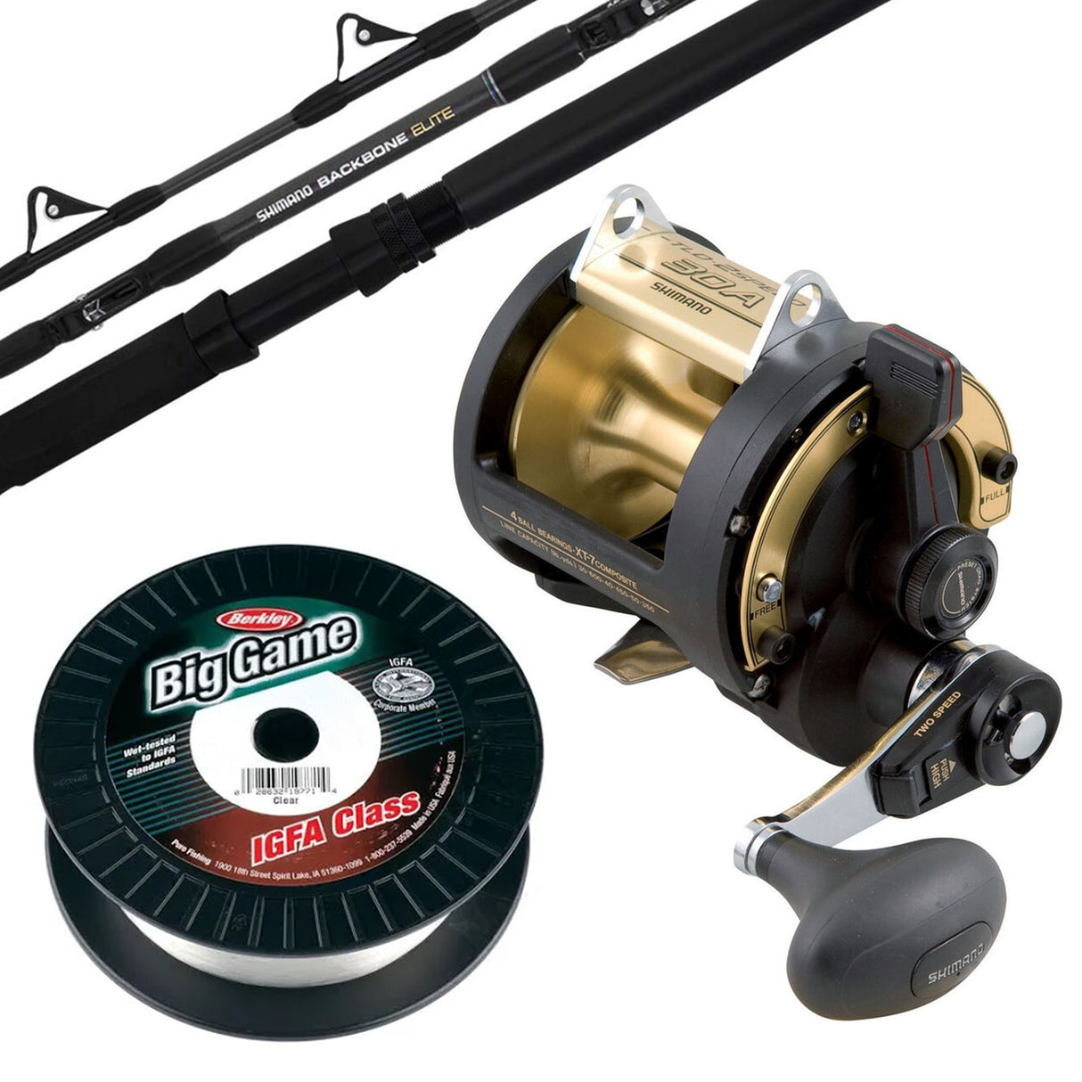 Shimano 23 Backbone Elite 15kg Runner/ TLD 2 Speed-30A/ Berkley Big Game IGFA 15kg 600m - Clear