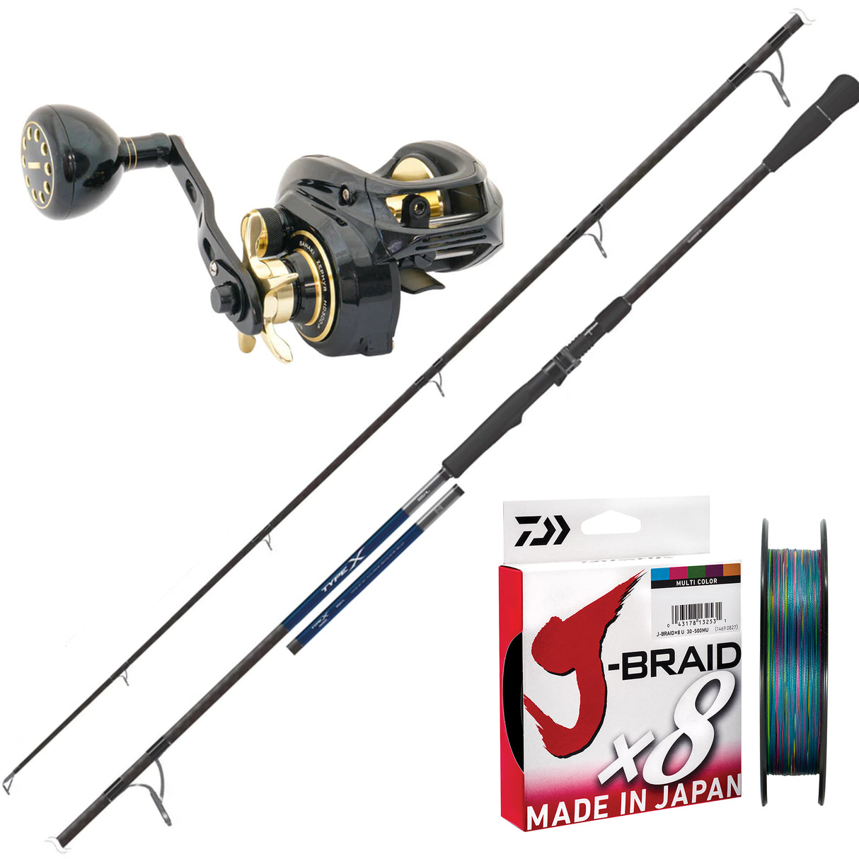 Shimano Type-X OH 6'3" pe2-4/ Samaki Zephyr HD Overhead 300-P/ Daiwa J-Braid 20lb 300m - Multicolour