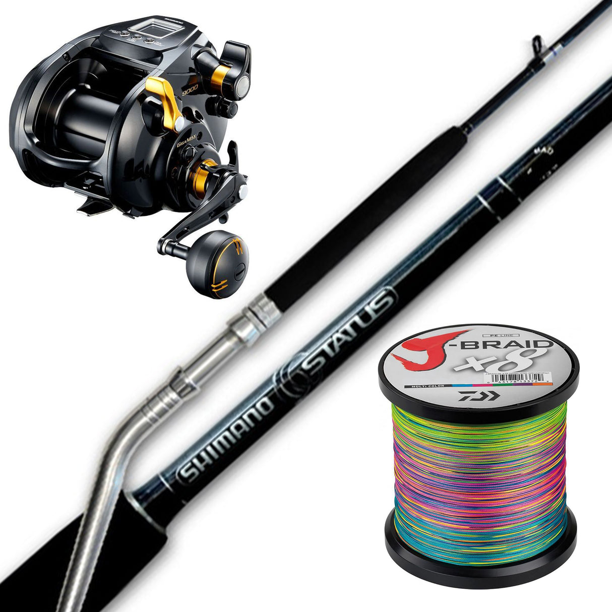 Shimano Beastmaster 9000B/ Shimano Status Bent Butt 5'6" pe5/8/ Daiwa J-Braid 65lb Bulk Spooling - Multicolour